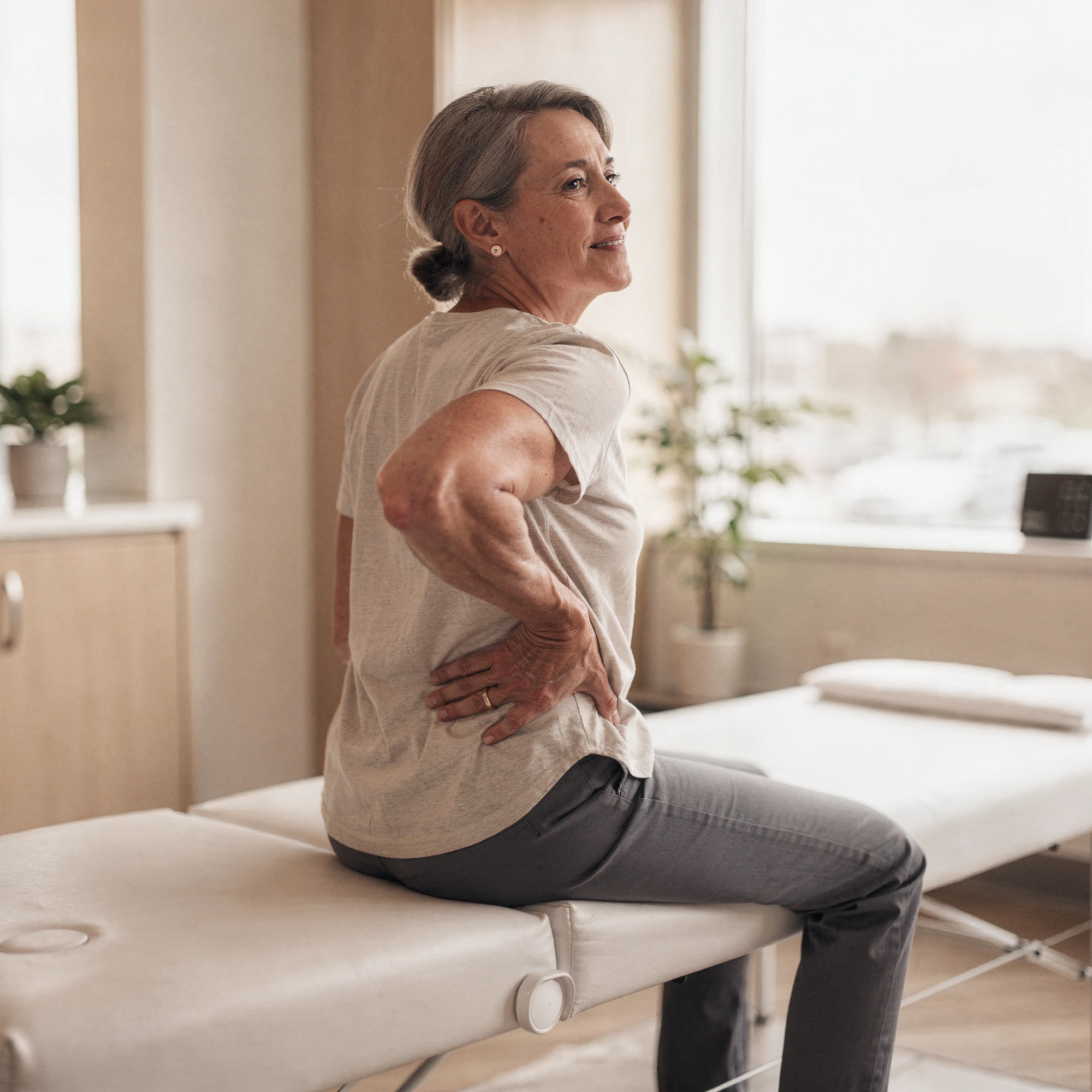 Woman sitting on examination table holding her lower back in pain